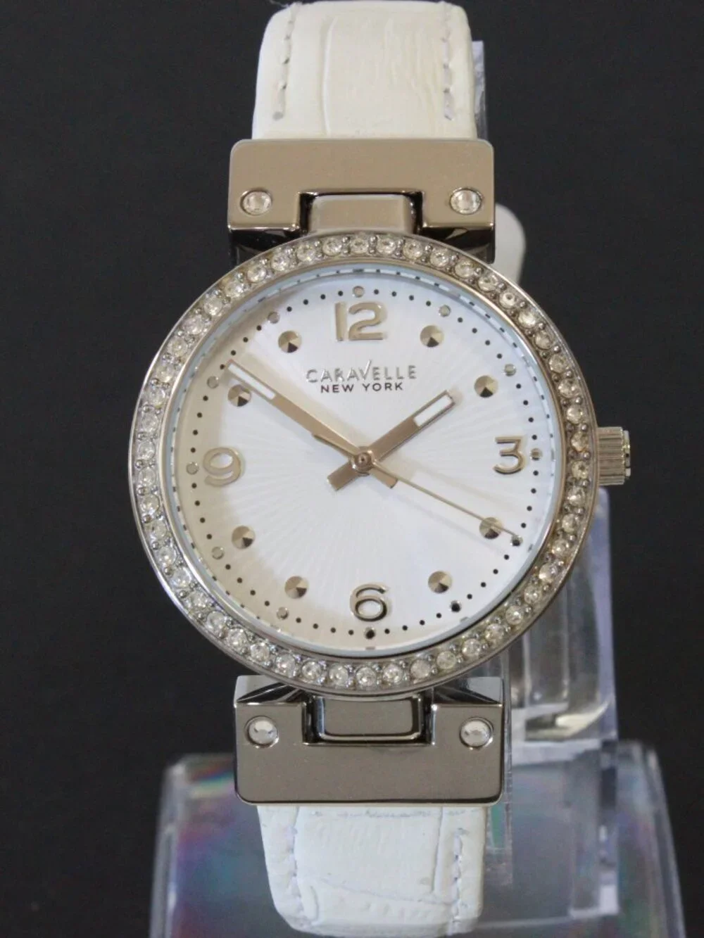 Caravelle Ladies Dress Watch By Bulova Crystal Bezel Reversible Strap 32mm
